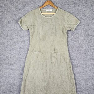Aly Wear Dress Womens Medium Green Linen Short Sleeve Shift Pocket Made in USA
